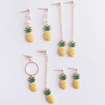 

Pineapple Metal Earrings Pearl Long Fringe Asymmetric Earrings Cute Sweet Beauty Student Daily Wild Trendy Jewelry Accessories
