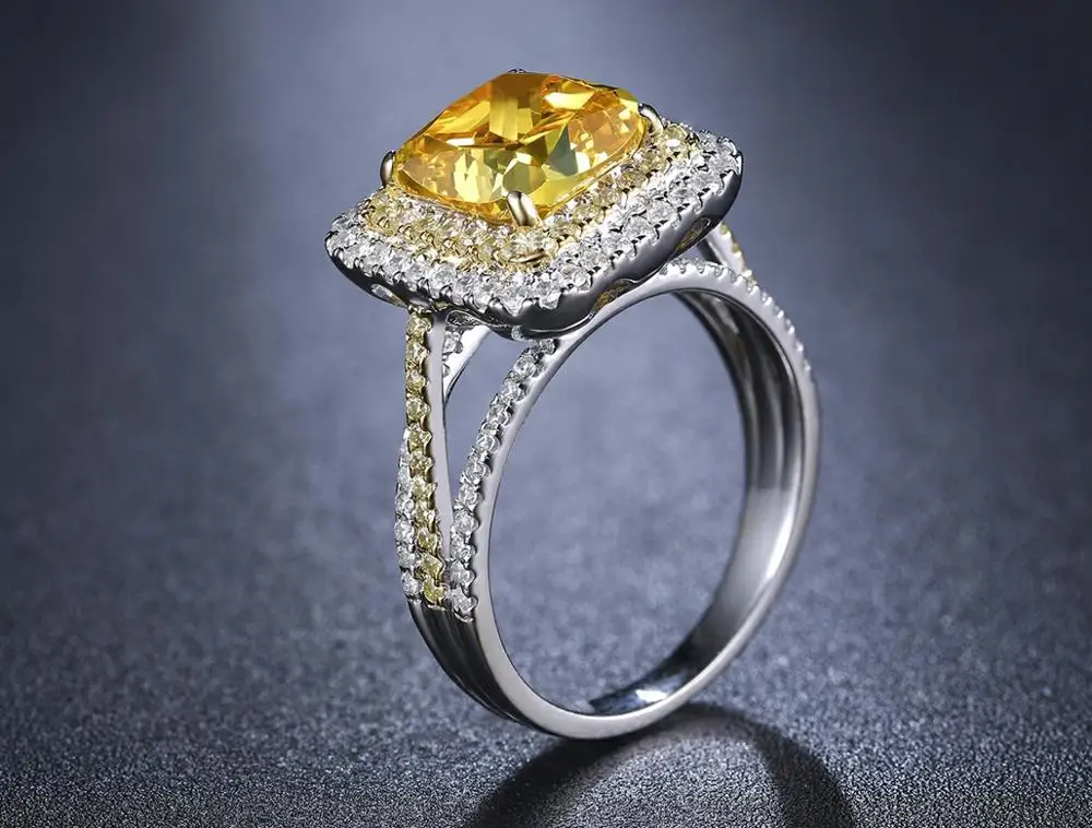 Горячая 3ct квадратный Форма желтый SONA, имитация женское кольцо с крупными камнями, свадебное кольцо, серебряное кольцо, бренд кольцо