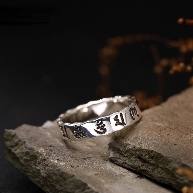 Горячая S925 кольцо из стерлингового серебра бледно-мантра Аутентичные Тибетский античный серебряный Будда Пара Кольца для мужчин и женщин, ювелирное изделие, подарок Мода