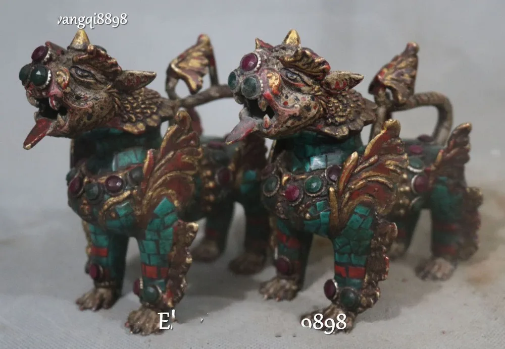 

wedding decoration Old Chinese Bronze Turquoise Inlay Gem Dragon Pixiu Unicorn Beast Pair Statue