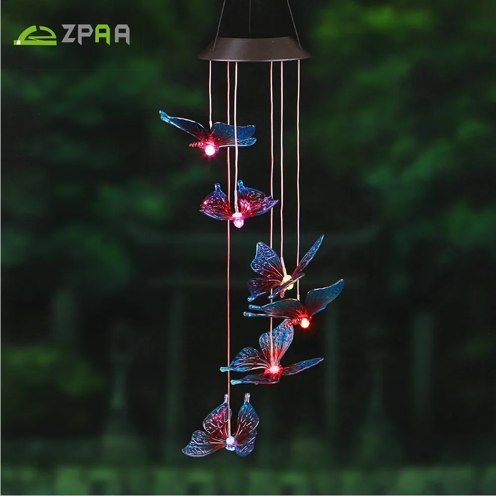 ZPAA бабочка светодиодный солнечный панельный ветряной колокольчик ночник на солнечных батареях наружная Солнечная лампа меняющая цвет для украшения дома и сада