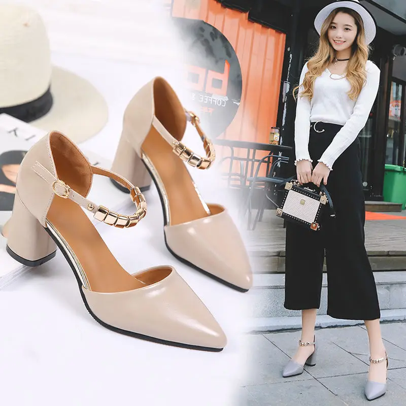 

Thick heel sandals female summer baotou pointed shallow mouth high heels