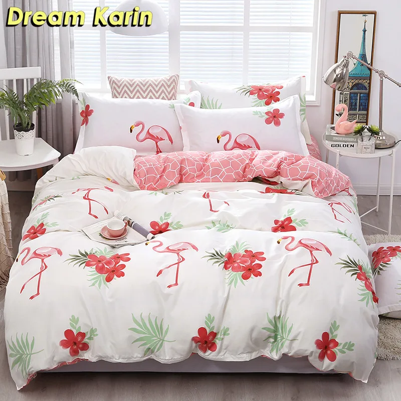 Розовый Dream Karin 2/3 Pcs Flamingo Pattern Bedding Sets Brief Style Polyester Duvet Quilt Covers Pillowcases Single Double Bed Set - Цвет: Розовый