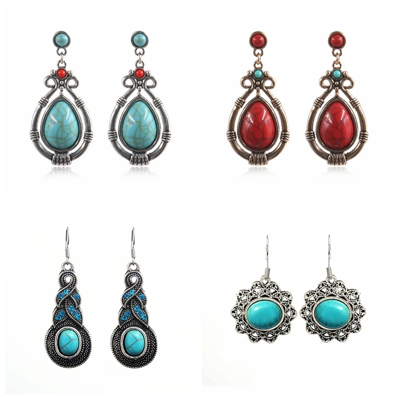 

Tibetan Vintage Antique Blue Stone Earrings For Women Silver Color Drop Dangle Ethnic Earrings Big Discount Fashion Boho Jewelry