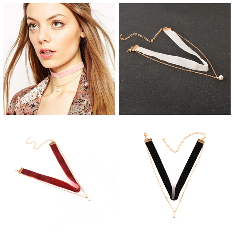 

Fashion V Shape Velvet Gold Color Chain Statement Necklace Imitation Pearl Pendant Necklaces for Women Neck Decorate Jewelry