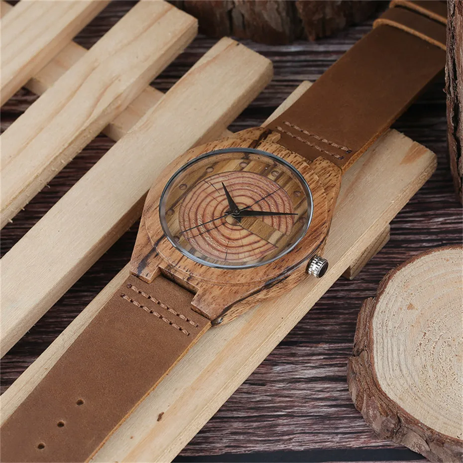 Creative Brown Bamboo Growth Ring Natural Handmade Men Quartz Wrist Wooden Watches Genuine Leather Band Sports Clock Gifts (2)