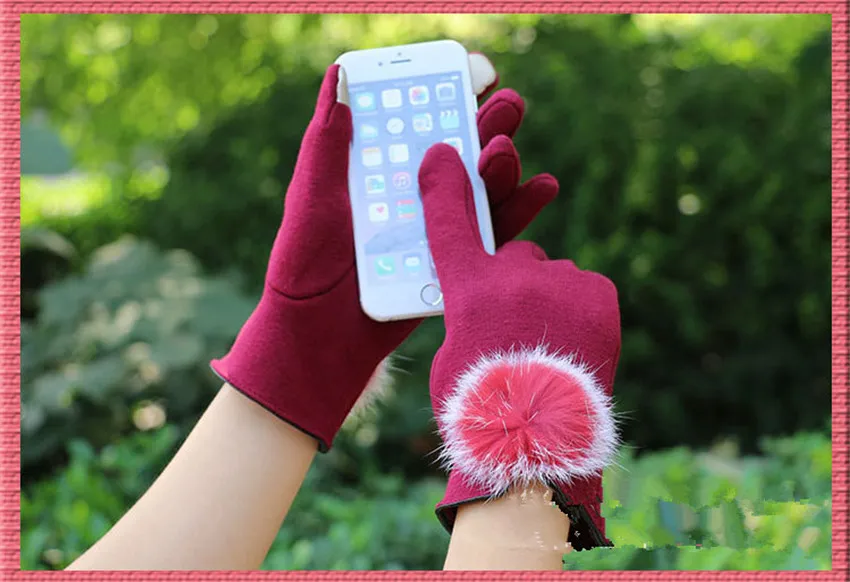 Мягкие женские теплые кашемировые перчатки на запястье с шариком из кроличьей шерсти элегантные женские Полные Пальцы зимние перчатки