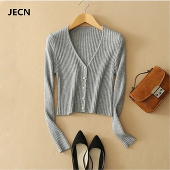 

JECH women's spring and autumn new solid color short knit sweater V-neck slim pumping pearl buckle cashmere sweater cardigan
