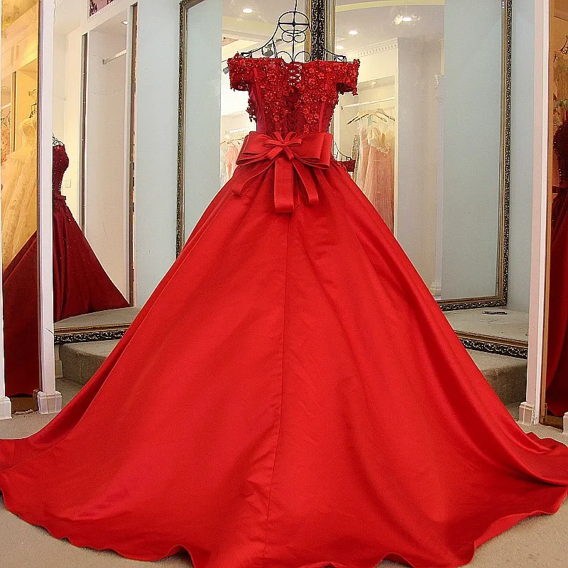 Luxury red dress evening with crystals satin sweetheart off the shoulder short sleeves corset back long party 2018 | Свадьбы и