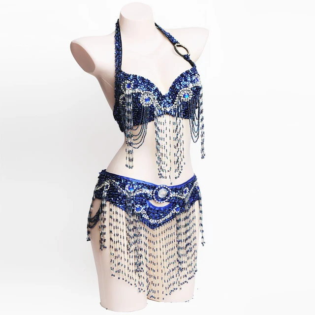 Navy blue belly dance bra + belt set with strass