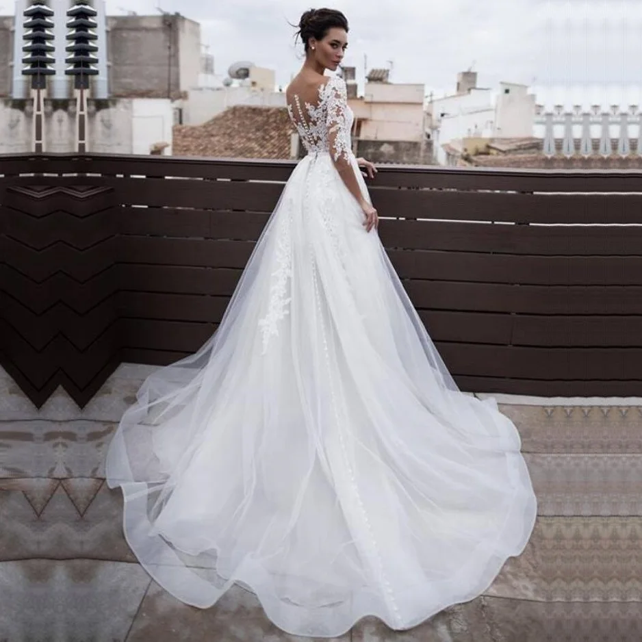 

Elegant 2 in 1 Detachable Train Sheath Wedding Dress 2019 Sheer Neck Bridal Dresses Sweep Train Wedding Gowns vestido de noiva