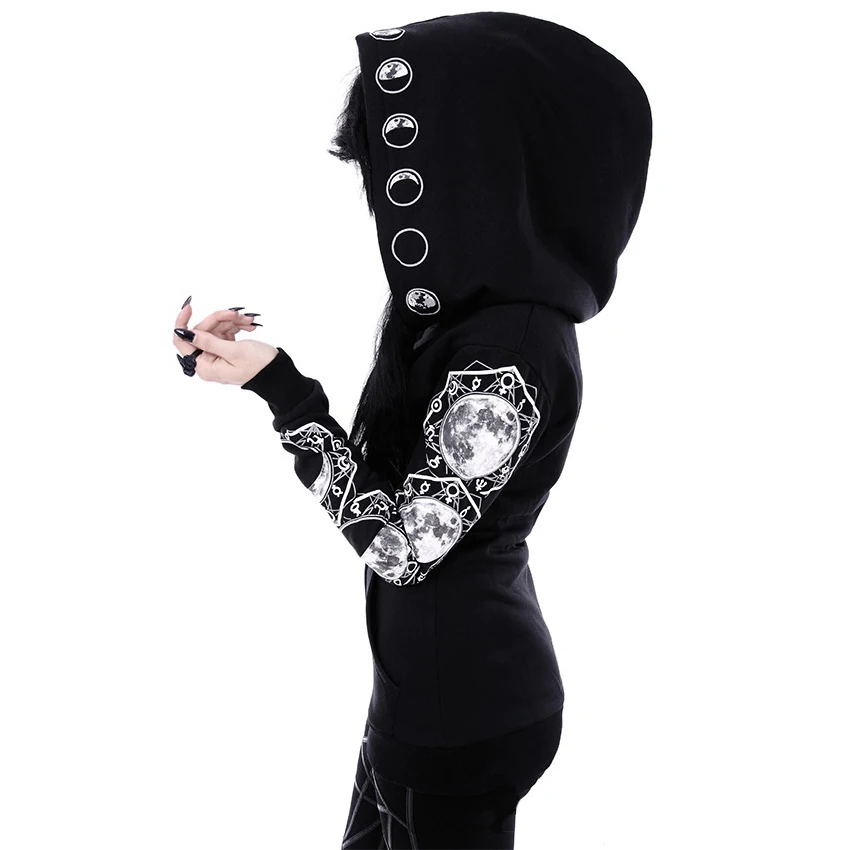  Sisjuly Vintage Gothic Black Hoodie Crescent Moon Zipper Pocket Hooded Hoodies Women Spring Pentacl