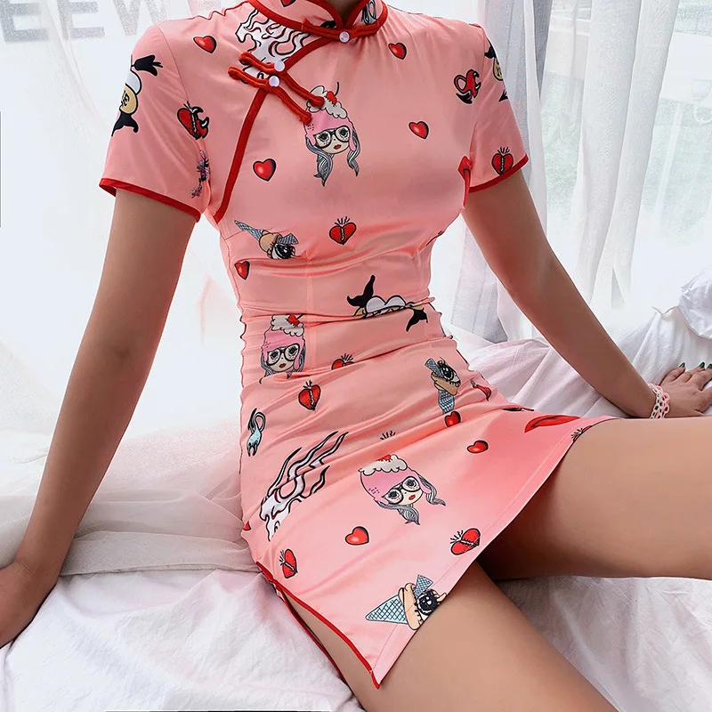 Летние милые Розовое платье Для женщин Винтаж китайский Стиль платье-Чонсам с коротким рукавом Мини Вечерние, размеры с 90 s Harajuku с принтом в уличном стиле