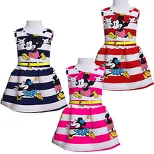 2016Kids Baby Girls Princess Party Birthday Cartoon Minne Mouse Stripe Vacation Summer Dress 2-7Y