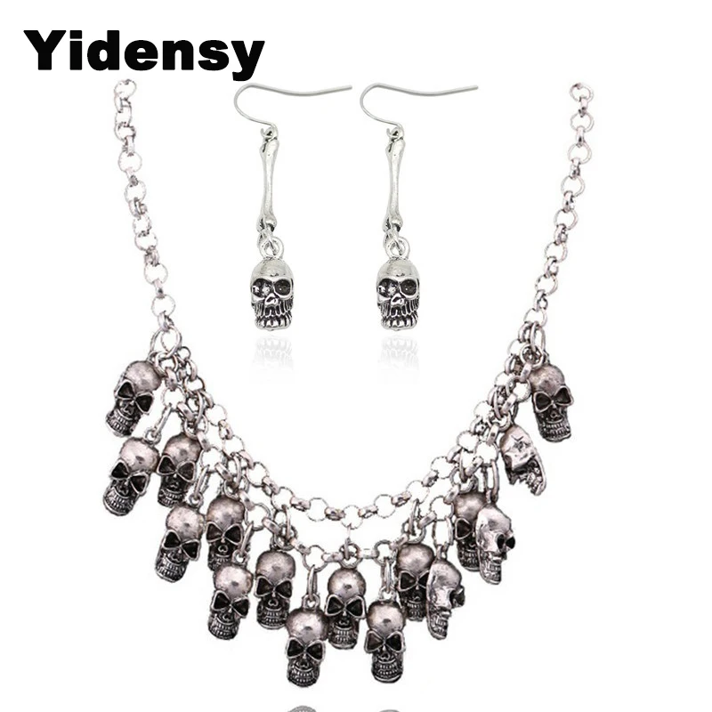

Yidensy Halloween Skull Head Necklace Earring Set Punk Multi-layer Tassel Bib Jewelry Sets Women Rock Chain Pendant Necklaces