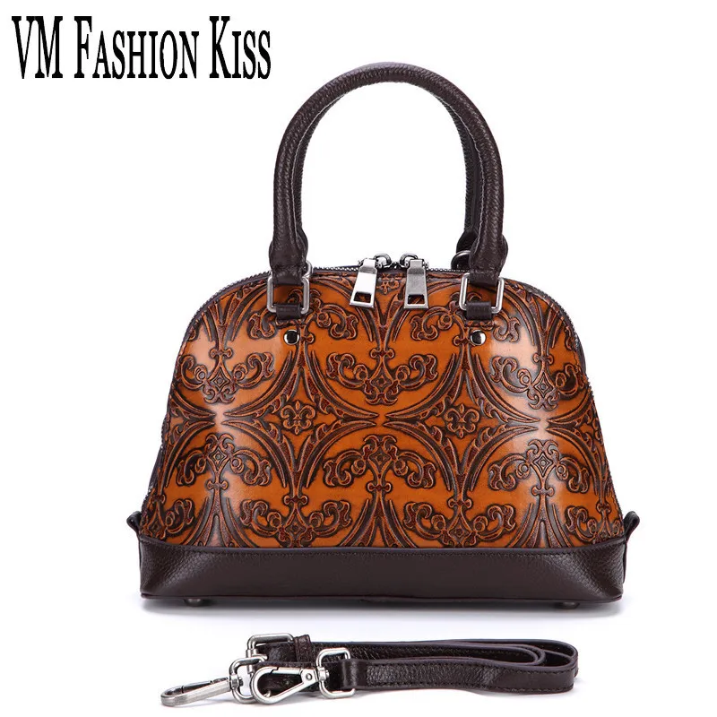 

VM FASHION KISS Women Retro Genuine Leather Shell Bag Female 2017 Messenger Bags Small Floral Printing Handbag Vintage Bolsos