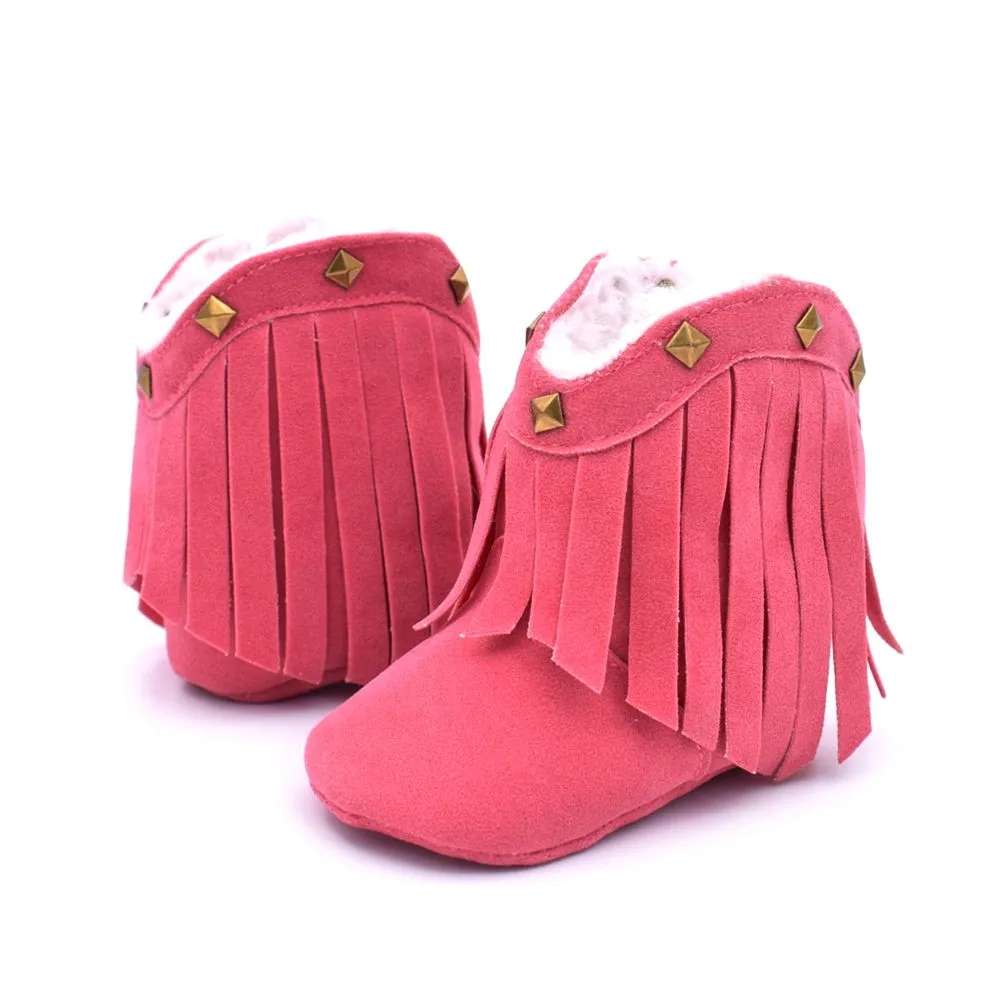 Ковбойские ботинки для девочек с заклепками; обувь для малышей; модные зимние ботинки для детей; однотонные теплые зимние ботинки с бахромой зимние ботинки