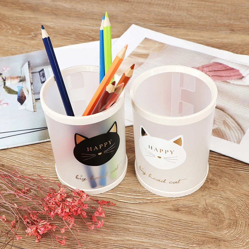 

1 Pcs Cute Stationery PP Animal Cat Star Transparent Frosted Round Pen Holder Students Supplies Pencil Holders Gifts