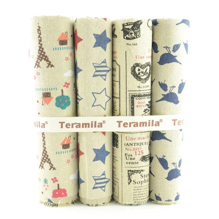 

4 Pieces 50cmx50cm linen fabric fat quarters bundle shabby chic rough zakka vintage design for diy carfts sewing W3B6-17