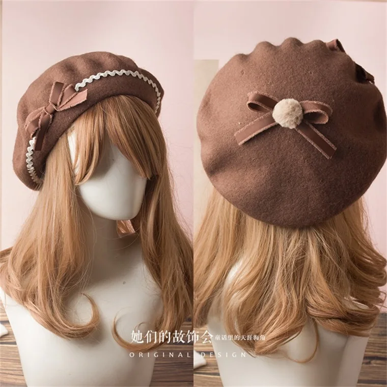 Японский стиль Лолита Шляпа французский берет шерсть шляпа полоса галстук-бабочка шершавые Venonat Девушки Женщины Классический берет 17 цветов - Цвет: chocolate