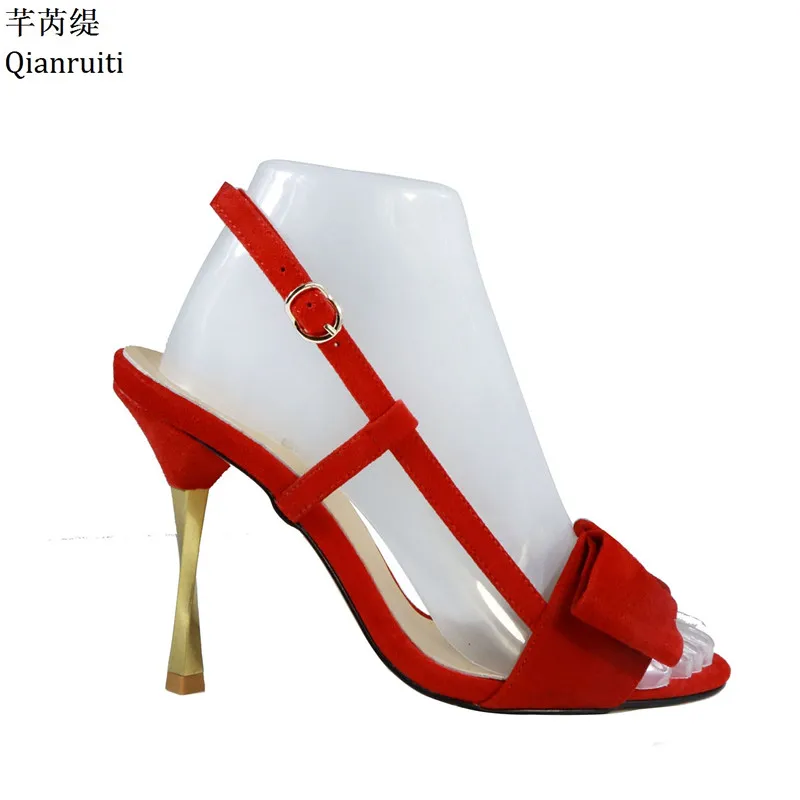 

Qianruiti Red Faux Suede Stiletto Heel Women Sandals Buckle Strap Slingback Women Pumps Butterfly-Knot Cut-Outs High Heels Shoes