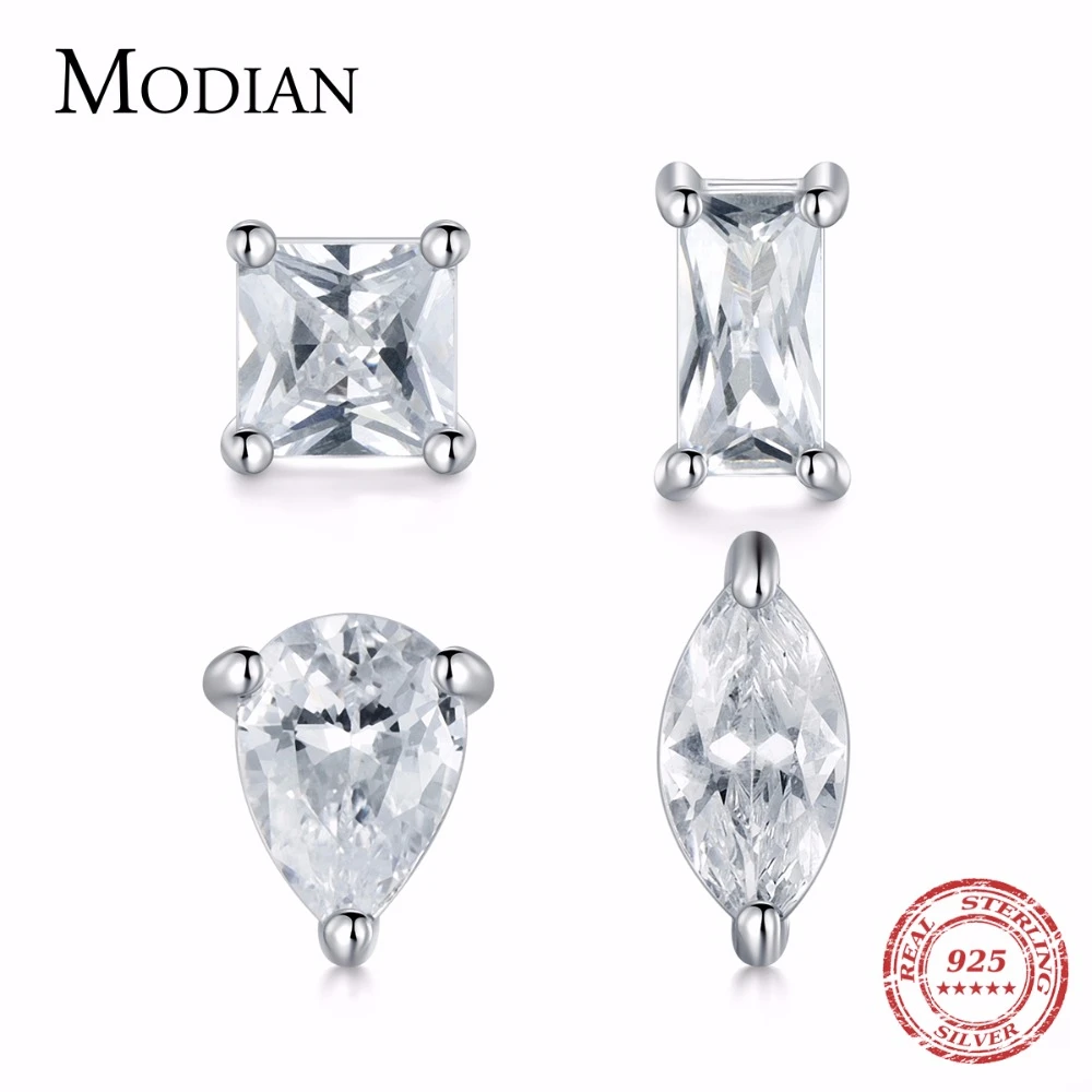 

New Arrival Luxury 925 Sterling Silver Square Rectangle Rhombus Stud Earrings Female Romantic Zircon Earrings for Woman Gift