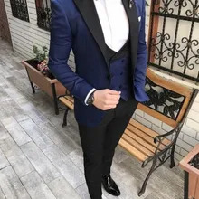 Свадебные двубортное темно Темно-синие Свадебный костюм строгий костюм; для жениха, одежда(куртка+ штаны+ жилет