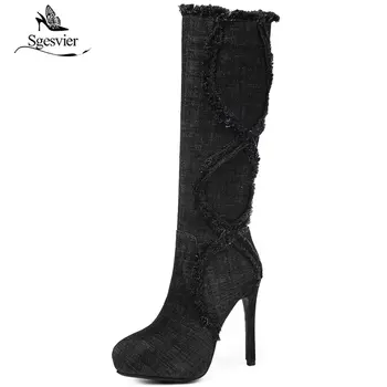 

Sgesvier Knee High Boots for Women Blue Denim Pointed toe High Heel Shoes Stiletto Heels Platform Shoes Warm Winter Boots OX873