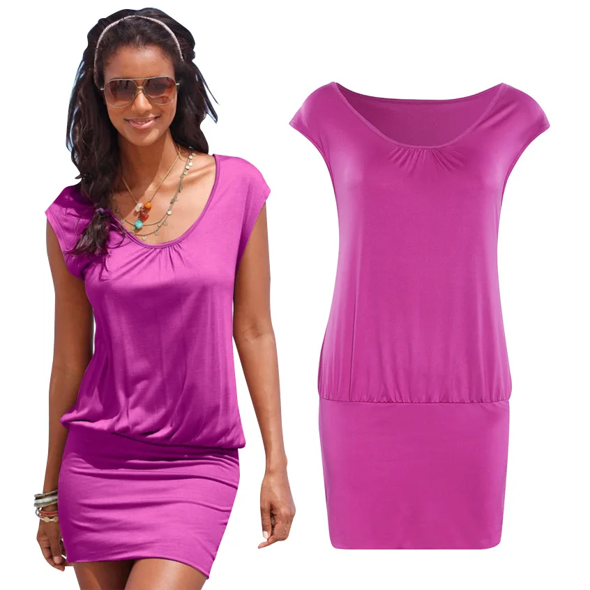 

Women Dress 2019 Summer Style Beach Dress Fashion Short Sleeve Round Neck Casual Dresses Vestidos Pink Purple Mini Dress