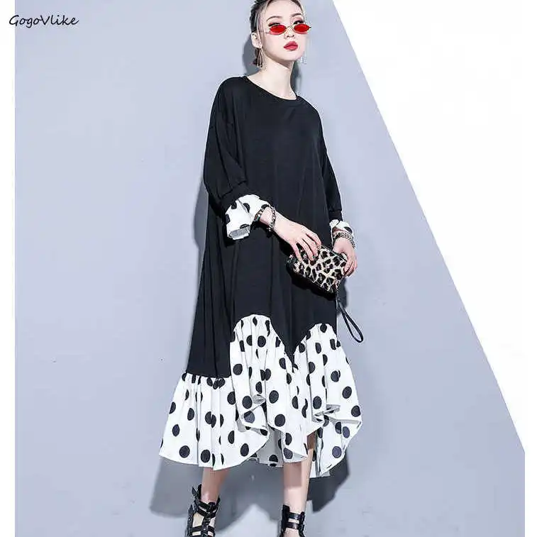 

Elegant Ruffles Dress Chiffon Polka Dot Large Size 2019 Summer Asymetric Women Plus Size Elegant Dresses Women Clothing LT328S30