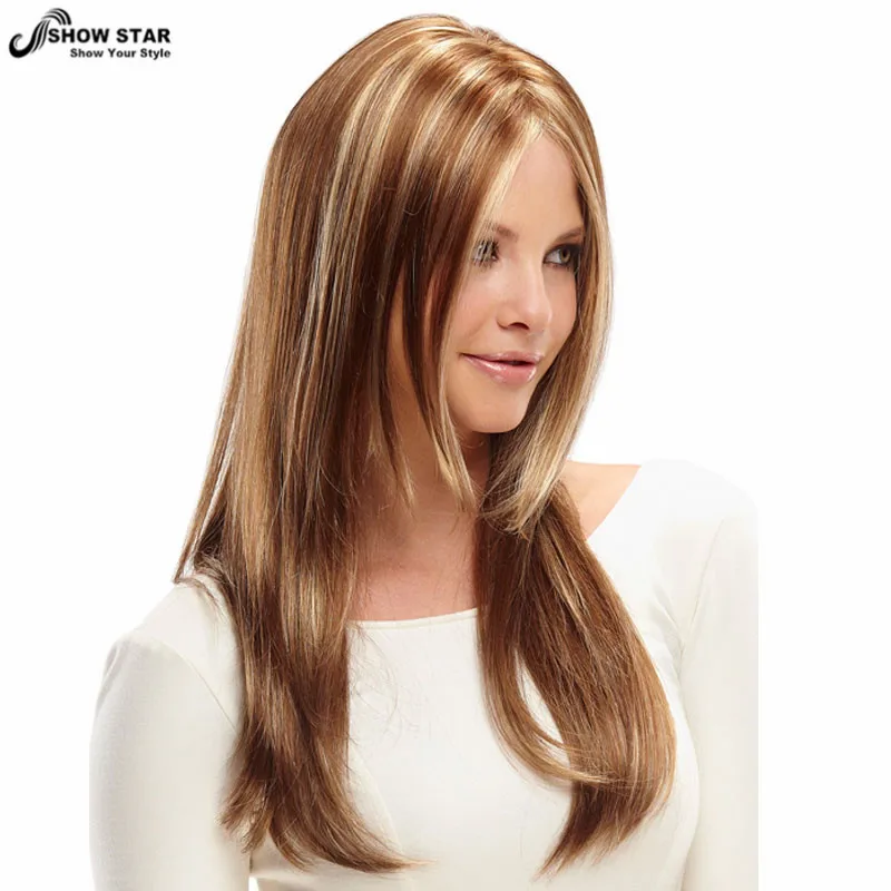 Women Brown Blonde Layered Wig Long Straight Synthetic Wigs Highlighted Kanekalon Fiber for
