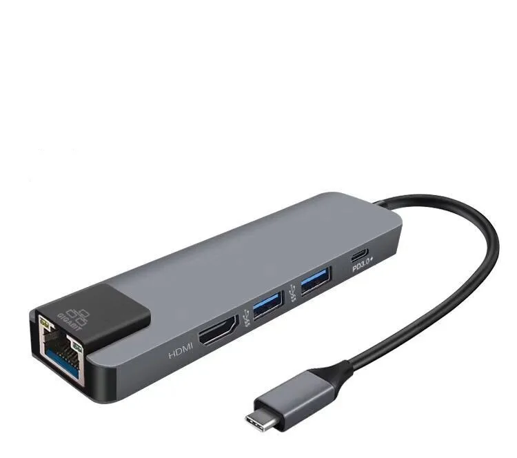 

USB-C HUB Dock Thunderbolt 3 to HDMI UHD 4K 2xUSB3.0 Hub Gigabit Ethnernet RJ45 1000Mbps USB-C PD 5IN1 Cable Adapter for Macbook