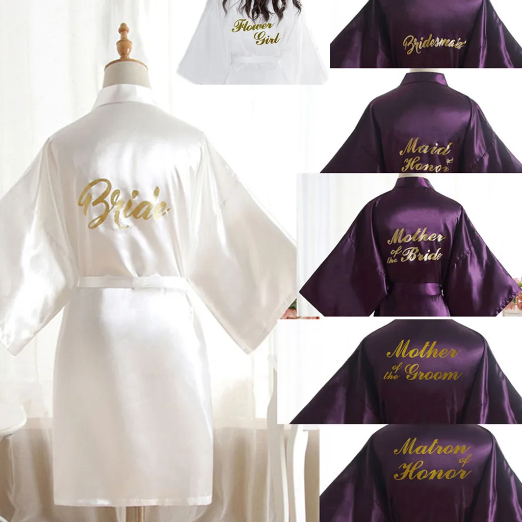 

2019 Silk Satin Wedding Bride Bridesmaid Maid of honor Mother of the bride Robe Solid Bathrobe Short Kimono Robe Robe Bath Robe