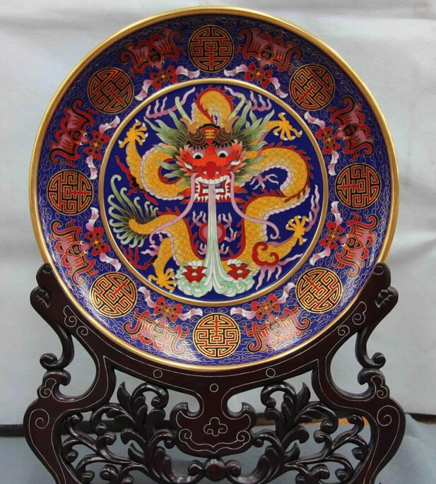 

JP S1103 Royal Palace Copper Gilt Cloisonne Enamel Feng Shui Lucky Bat Dragon dish Plate