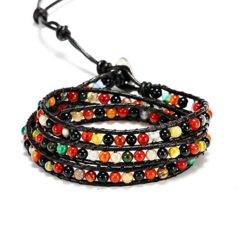 

Fyla Mode Braided Leather Cord 5X Wrapped Bracelets Women Orange Striped Natural Stone Beaded Handmade Bracelet Christmas Gifts