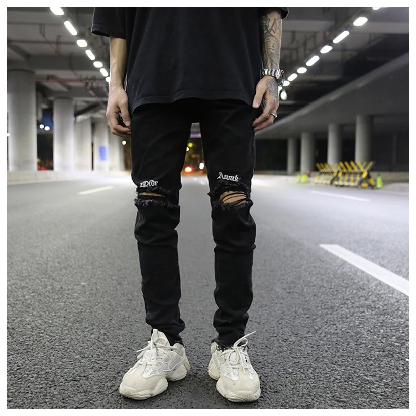 2019 S хип хоп Новый INS стиль ретро вышивка письмо отверстие kanye west для мужчин модные Jogger джинсы для женщин high street Японии хлопковые джинсы