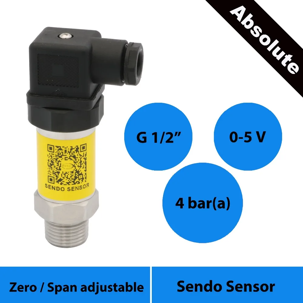 

pressure transmitter, G1 2 thread, 12 36V, 24Vdc input, 4bar, 400 Kpa absolute, signal 0 5V, stainless steel 316L diaphragm