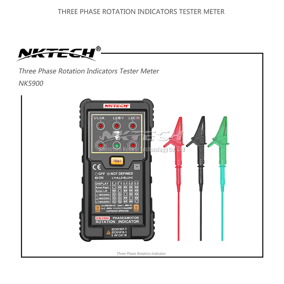 NKTECH NK5900 трехфазный индикатор вращения двигателя, измеритель последовательности, цифровой мультиметр, вращающийся светодиодный индикатор магнитного поля, обратный