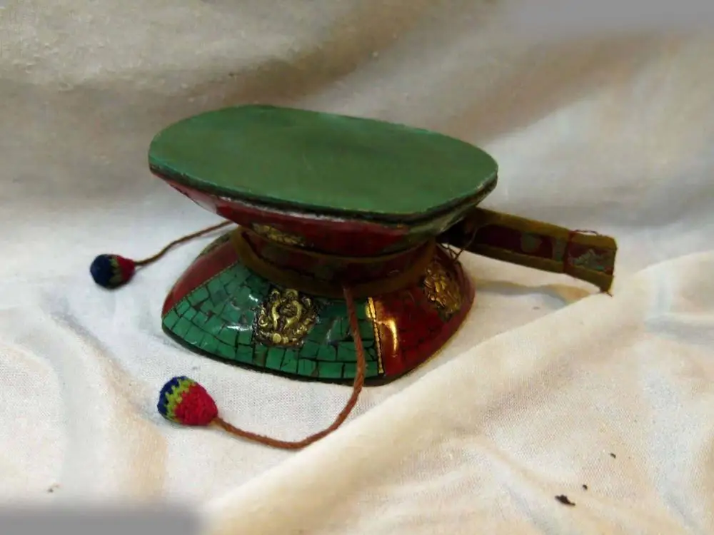 

Tibet Copper inlay turquoise silver eight treasures Buddhism tambourine Statue
