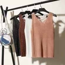 Bright Silk Knitted Vest Slim Sleeveless V-neck Bottom Lace Up Summer Autumn Pullover Plus Size Sweater XL-4XL