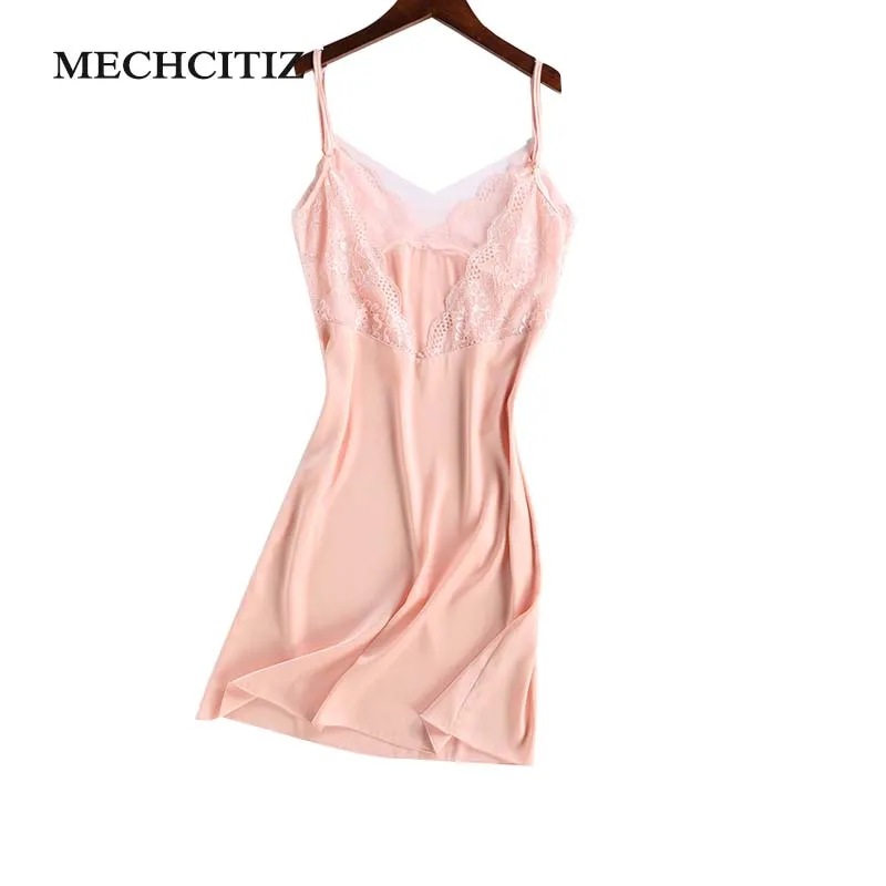 

MECHCITIZ 2019 Summer Lace Nightdress Sleepwear Women Silk Nightgown Strap Sleeveless Nighty Sexy Sleepwear Dresses Sleepshirts
