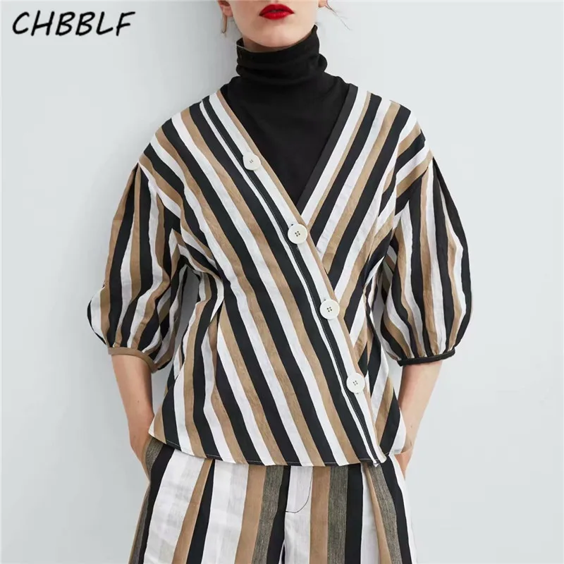 CHBBLF women stylish V neck striped blouse buttons three quarter sleeve ...