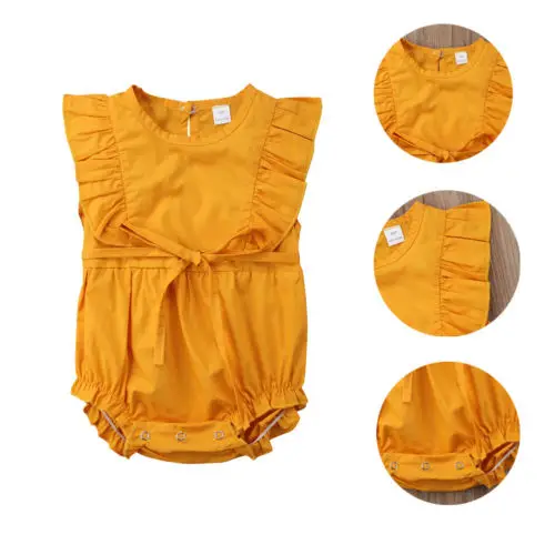 Fashion Newborn Baby Girl Yellow Ruffle Bodysuits Toddler Sleeveless Jumpsuit Bodysuit Outfit