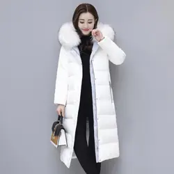 Модные зимние Для женщин пуховик 2018 зимняя куртка Для женщин 90% Белое пуховое пальто с капюшоном длинный тонкий женский парка верхняя