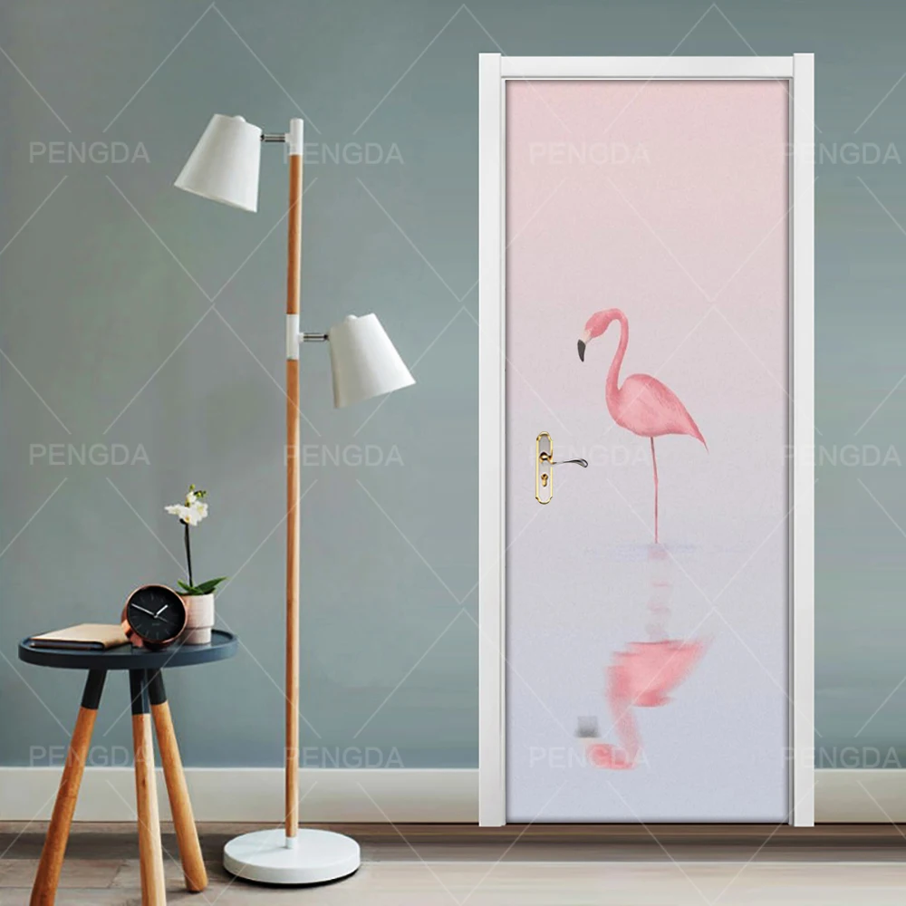 Печать Искусство 3D обновление двери наклейки Фламинго с животными из ПВХ обои домашний Декор Картина самоклеющиеся водоотталкивающие обои спальня