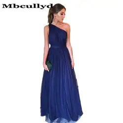 Mbcullyd одно плечо Королевское голубое платье для подружки невесты с лентой 2019 ТРАПЕЦИЕВИДНОЕ мягкое длинное фатиновое торжественное платье