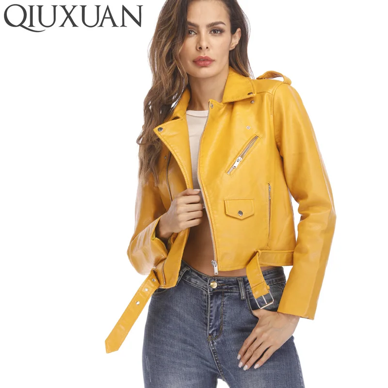 

QIUXUAN New Autumn Street Women Outwear Spring Fashion Long Sleeve Short Coat Zipper Sashes Pockets Motorcycle Jacket