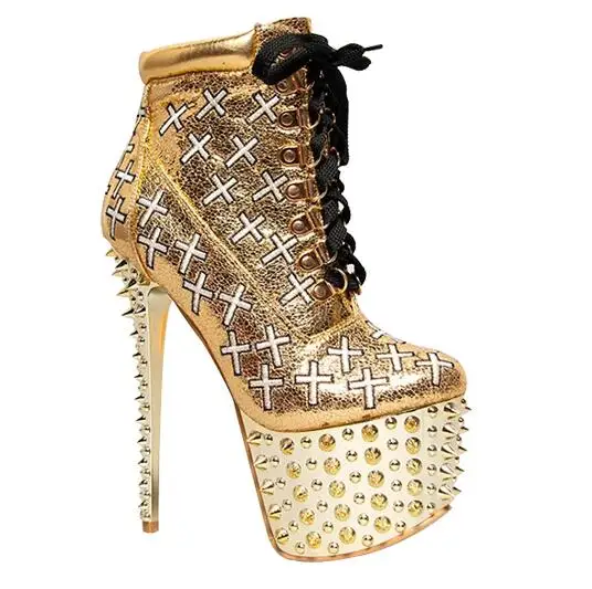

Fashion rivets platform lace-up high heel ankle boots for woman Ladies gold super high thin heel short boots Punk stlye shoes