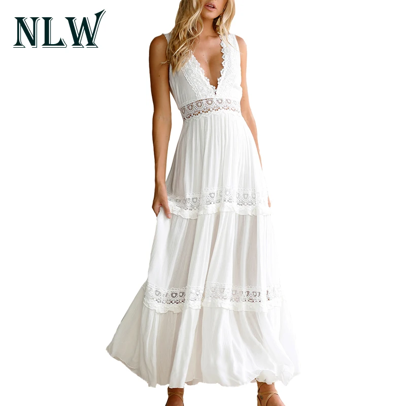 NLW Deep V Neck White Lace Sexy Dress Women Backless Elegant Autumn Winter Hollow Out Maxi Long Party Dresses Christmas Vestidos long-white-lace-dress