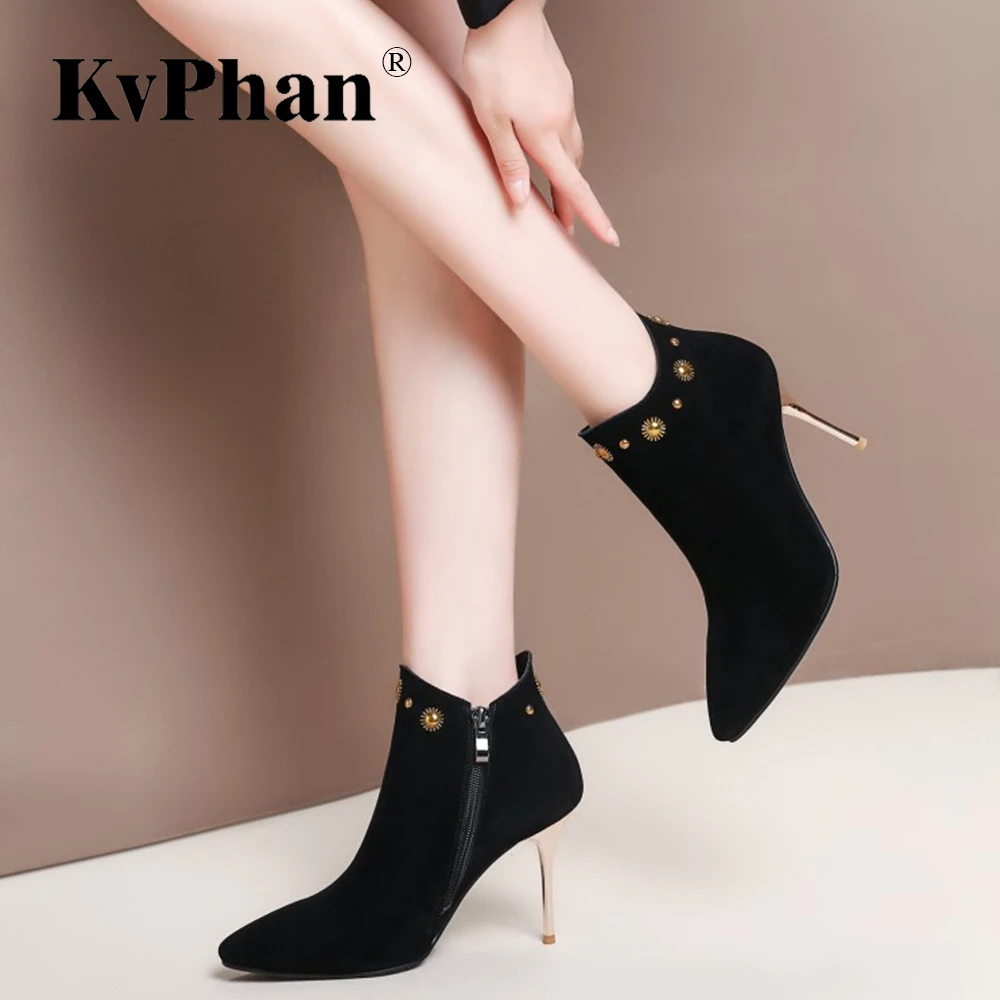 

KvPhan Metal Thin Heels 9 cm Size 33-43 Black Winter Ankle Rivet Boots For Women Fashion Kid Suede Elegant High Heels for Woman